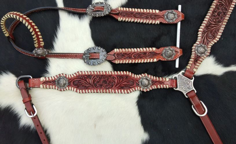 Showman One Ear Headstall and breast collar set with floral tooling and barrel racer conchos #3
